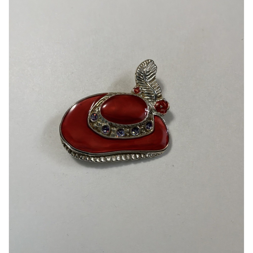 Red Hat Society Lapel Pin Brooch Feather Hat w Rhinestones